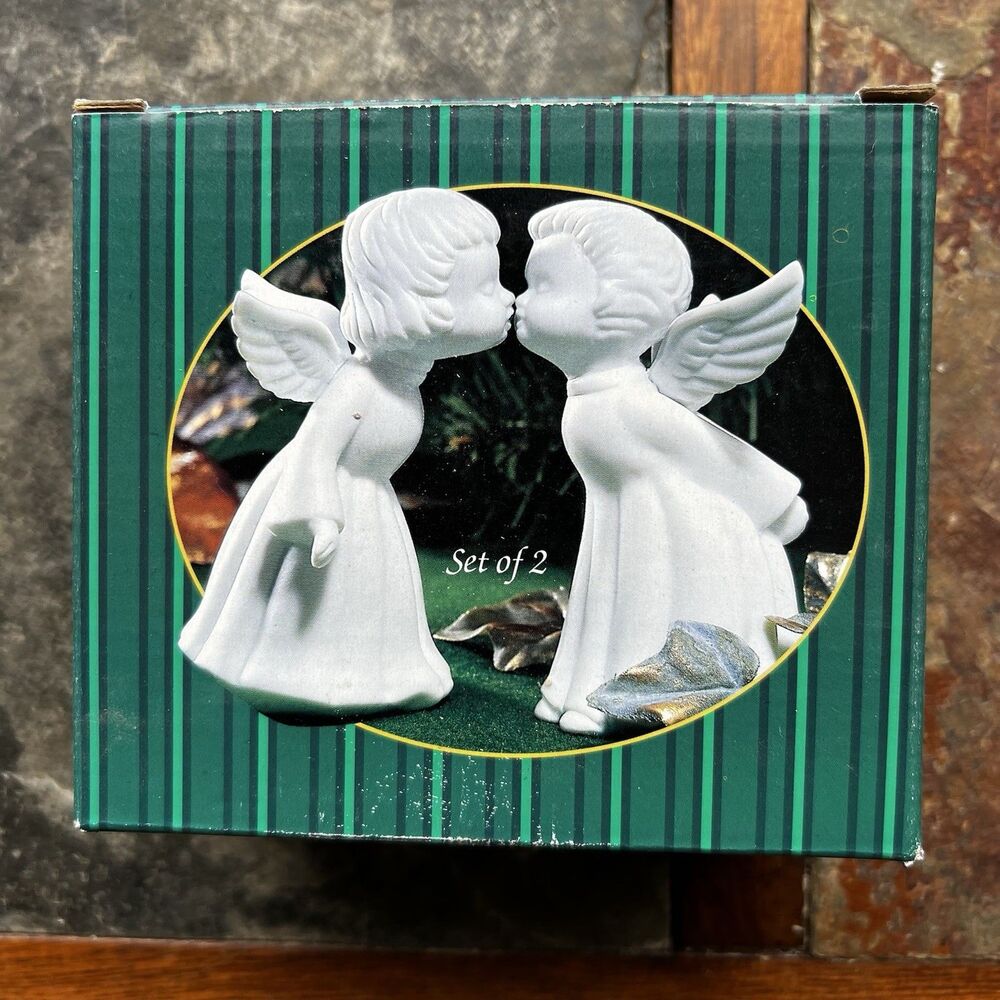 VTG Giftco "Kissing Angels" Bisque Porcelain Figurines, Set Of 2, with Label/box
